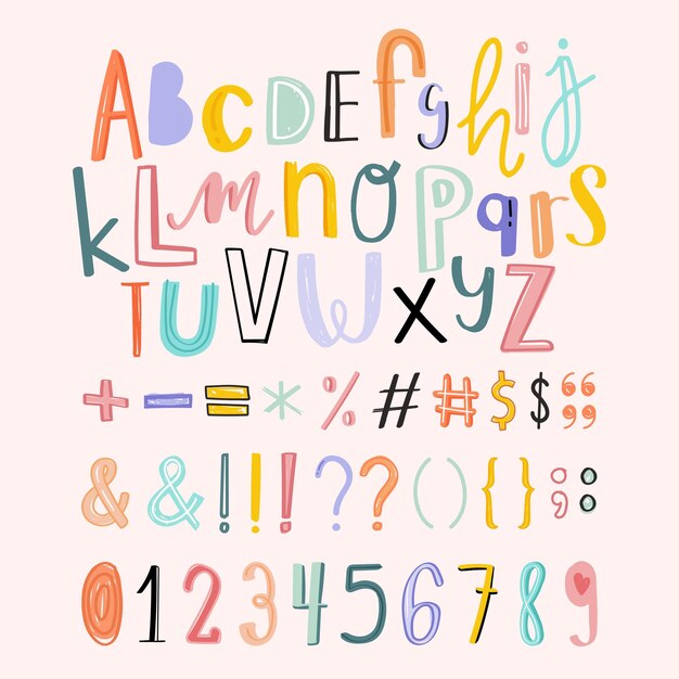 Alfabetten, leestekens, cijfers doodle typografie set