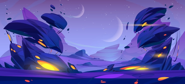 Gratis Vector alien ruimte planeet cartoon landschap achtergrond mars woestijn spel cartoon vector illustratie met rots paarse grond en maan in de lucht futuristische mars oppervlak buitenste kosmos scène met gloed landschap