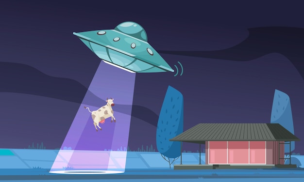 Gratis vector alien ufo-koesamenstelling met buiten nachtzicht van veld en ufo-lichtstraal ontvoerende koe