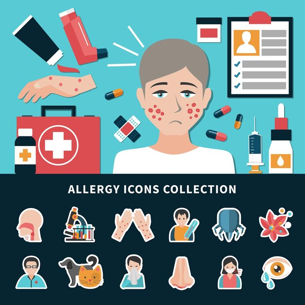 Allergenen allergie symptomen en manieren van behandeling iconen collectie platte geïsoleerde vectorillustratie