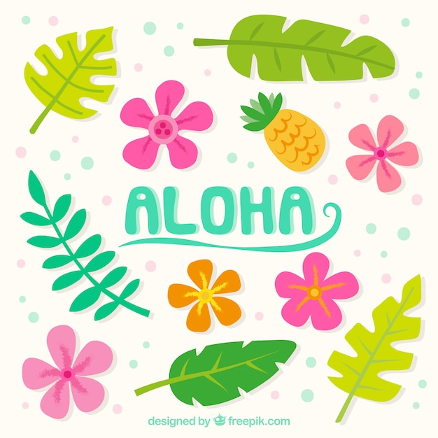 Gratis vector aloha achtergrond met bloemen en bladeren