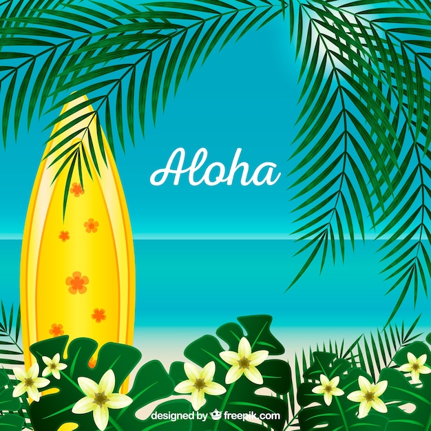 Aloha achtergrond met palm en surfplank