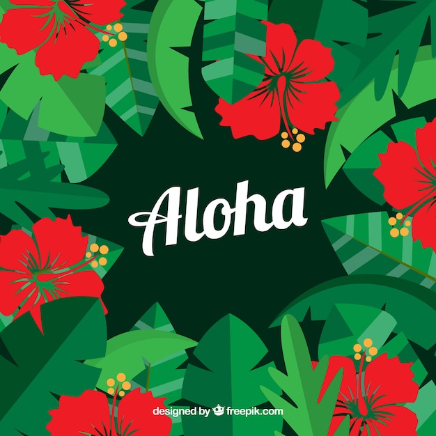 Aloha achtergrond met rode bloemen en bladeren