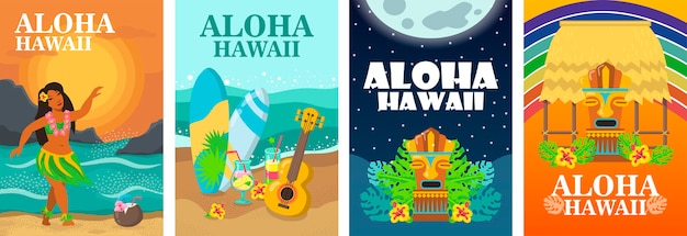 Aloha Hawaii poster ontwerpset. Tropisch strand, danseres, surfplank en ukelele vectorillustratie