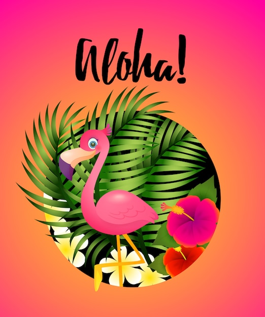 Gratis vector aloha letters met tropische planten en flamingo in cirkel