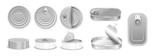 Aluminium blikje realistische set met geïsoleerde iconen van boven- en zijaanzichten van voedselcontainers vectorillustratie