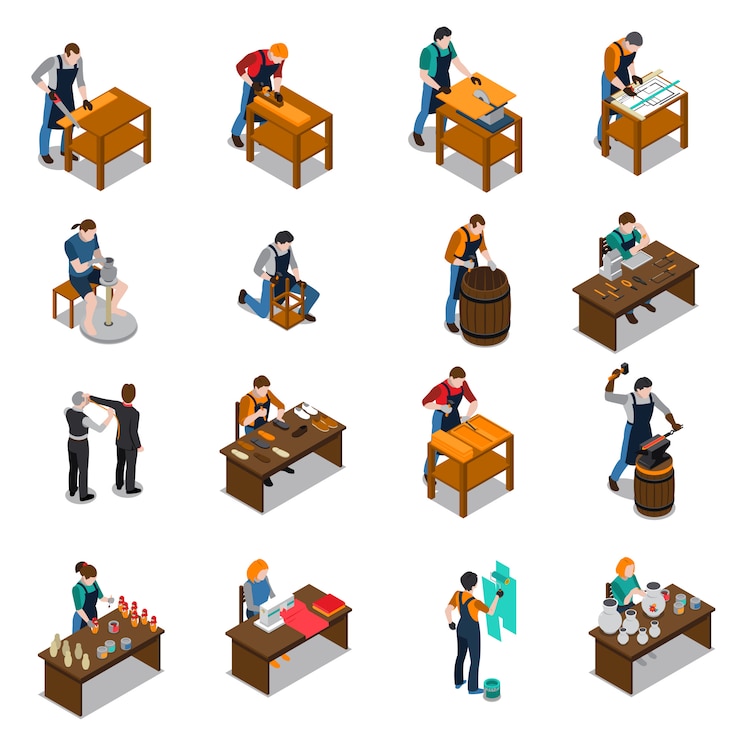 Gratis Vector ambachtsman isometrische pictogrammen instellen