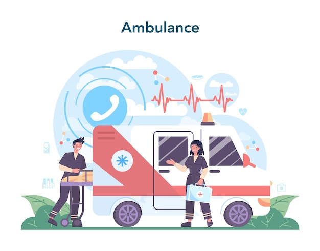 Ambulance artsen concept Emergency arts in het uniform Paramedici spoedeisende zorg Gezondheidszorg moderne geneeskunde behandeling Geïsoleerde vectorillustratie
