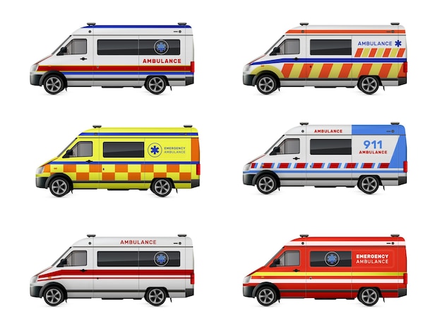 Ambulance realistische set met geïsoleerde gemeentelijke voertuigen symbolen vector illustratie