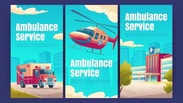 Gratis vector ambulancedienstposters met ziekenhuisgebouw medische auto en helikopter vectorbanners van noodhulp dringende ehbo-dienst met cartoonillustratie van kliniek en zorgvervoer