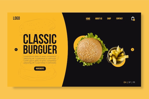 Amerikaans voedselwebsjabloon met foto van de hamburger