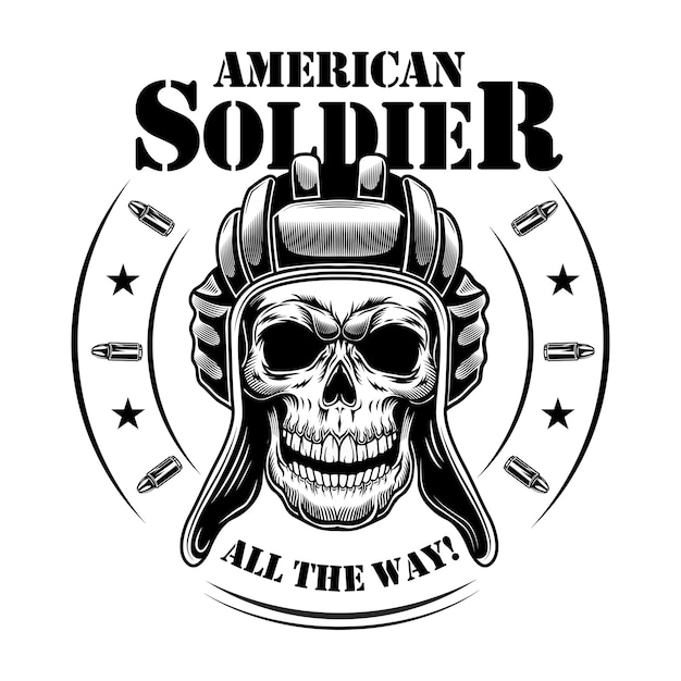 Amerikaanse tankman schedel vectorillustratie. Genezing van skelet in tankman-hoed, cirkelvormig frame met sterren en kogels, helemaal tekst. Militair of legerconcept voor emblemen of tattoo-sjablonen