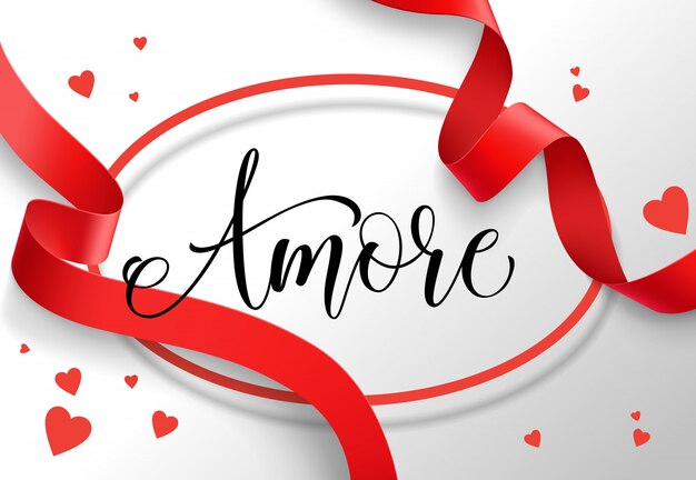 Amore-belettering in ovaal kader met rood lint