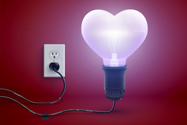 Amoureuze heldere liefdesaffiche met realistische gloeiende elektrische gloeilamp in hartvorm