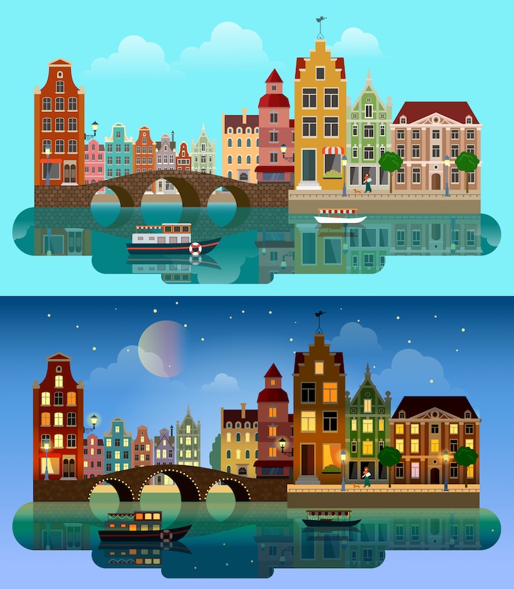 Gratis Vector amsterdam holland dag en nacht stadsgezicht platte vectorillustratie. gebouwen over rivier met boot.