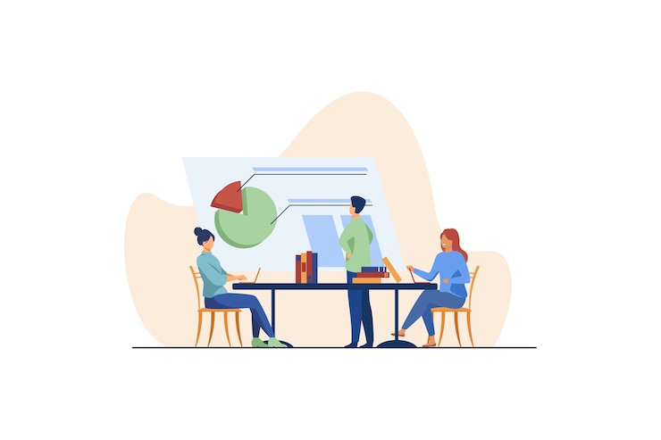Gratis Vector analisten werken samen en bespreken grafiek. bedrijf, werknemer, tafel vlakke afbeelding.