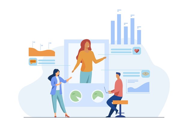 Analyse van sociale media-marketing. Managers analyseren profiel likes, opmerkingen, weergaven platte vectorillustratie. Internet, promotie, smm