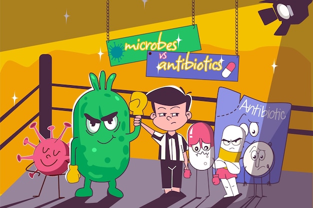 Gratis vector antibioticaresistentie concept met boze drug resistente microbe winnen boksen wedstrijd tegen medicijn platte vector illustratie