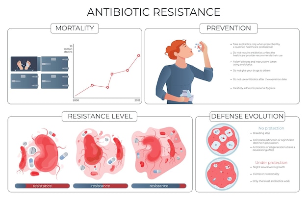 Gratis vector antibioticaresistentie preventie niveaus mortaliteit verdediging evolutie platte infographic vectorillustratie