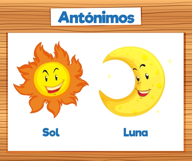 Gratis vector antonym woordkaart in het spaans sol en luna betekent zon en maan