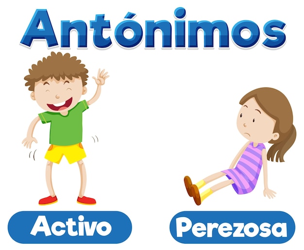 Gratis vector antonym word card activo en perezosa in het spaans betekent actief en lui