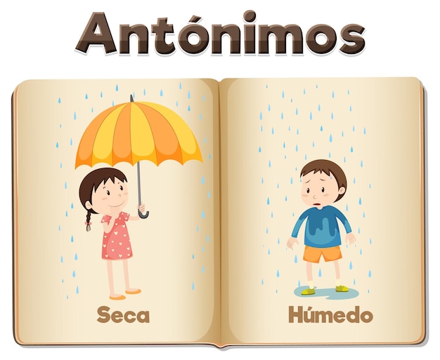 Gratis vector antonym word card in het spaans seca en humedo betekent droog en nat