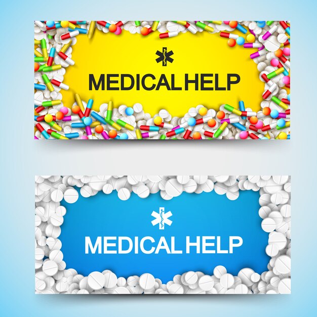 Gratis vector apotheek horizontale banners met medische hulpinschrijving en de capsules van drugspillen