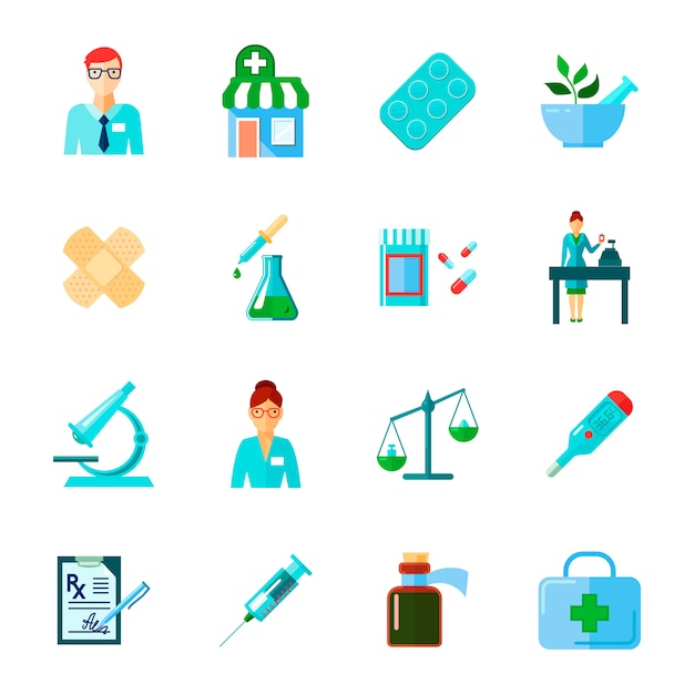 Gratis vector apotheker geïsoleerd die pictogram vlak met drugs en methodes van gebruik van verschillende medische instrumenten vectorillustratie wordt geplaatst