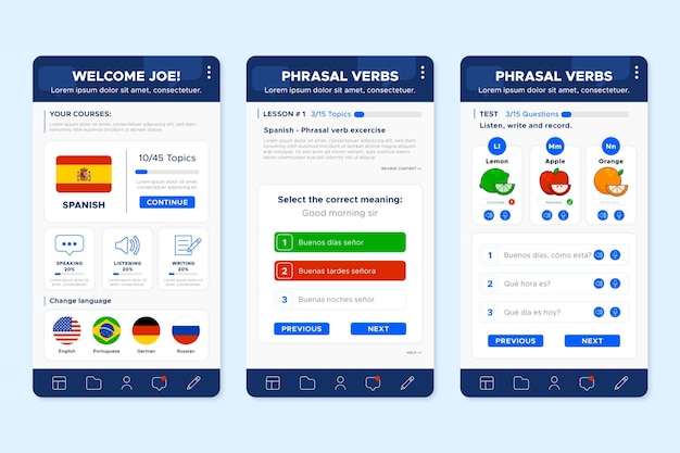 Gratis vector app-schermen om talen te leren