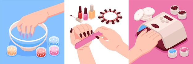 Apparatuur en accessoires voor manicure isometrische ontwerpsamenstellingen set van drie vierkante composities met vrouwelijke handen