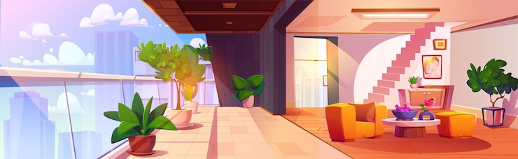 Gratis Vector appartement of hotelzaal met groot balkon