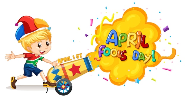 April Fool's Day-wenskaart met een jongen met een narrenhoed en confetti-explosie