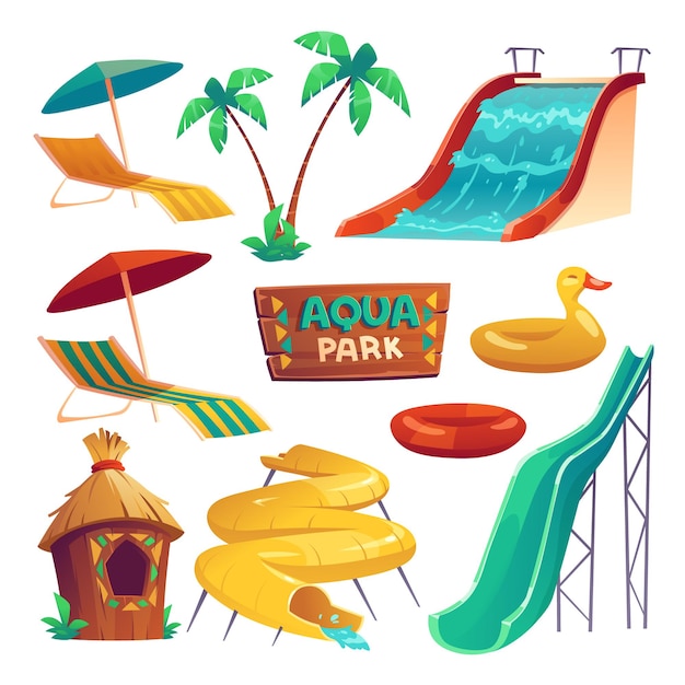 Aquapark met glijbanen, opblaasbare ringen, parasols en ligbed