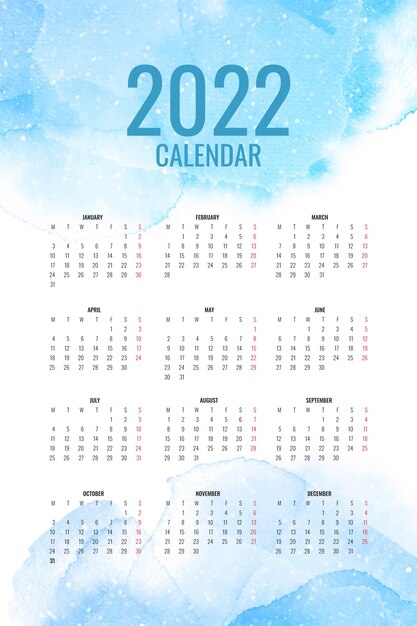 Aquarel 2022 kalendersjabloon
