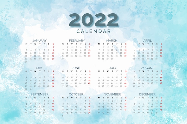 Gratis vector aquarel 2022 kalendersjabloon