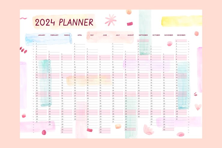 Gratis Vector aquarel 2024 jaarlijkse planner sjabloon