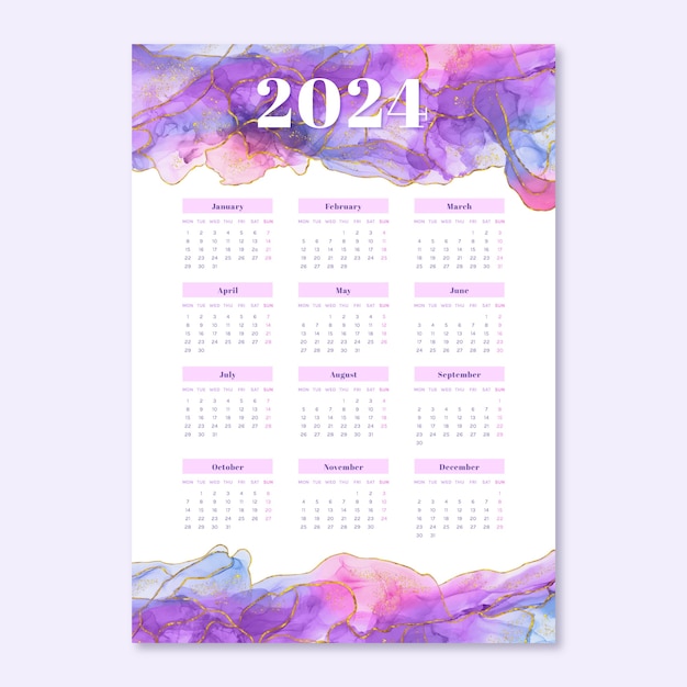 Aquarel 2024 kalendersjabloon