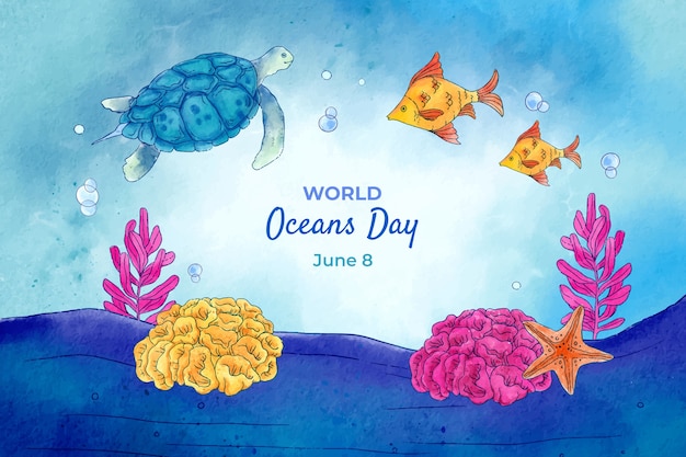 Aquarel achtergrond voor wereld oceanen dag met waterwezens