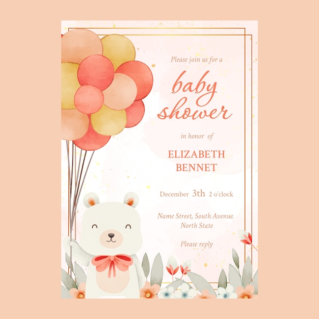 Aquarel baby shower uitnodiging met ballonnen