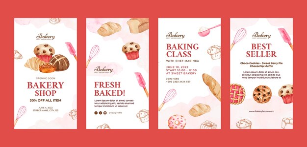 Aquarel bakkerij winkel instagram verhalen