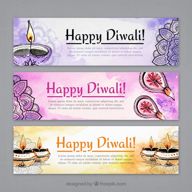 Gratis vector aquarel banners en tekeningen van diwali