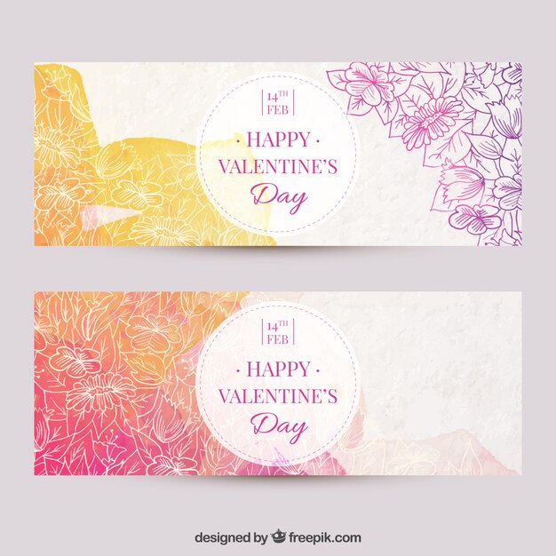 Aquarel banners met florale schetsen van valentijn