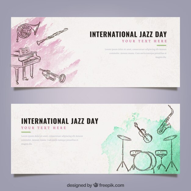 Aquarel banners met jazz muziekinstrumenten