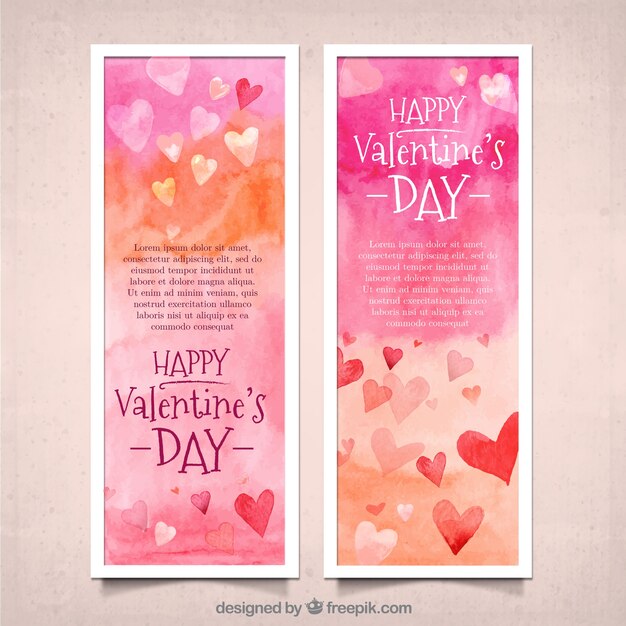 Aquarel banners met valentijnskaartharten