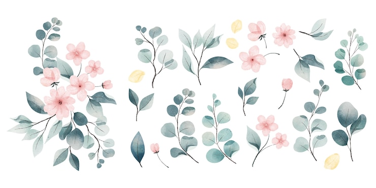 Gratis Vector aquarel bladeren en bloemen collectie