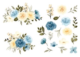 Aquarel blauw gele bloemen elementen en arrangement collectie