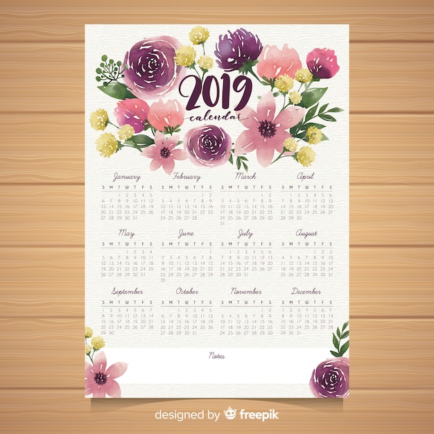 Aquarel bloemen 2019 kalendersjabloon