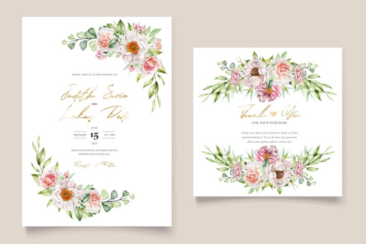 Gratis Vector aquarel bloemen pioenrozen en rozen bruiloft uitnodiging kaartenset