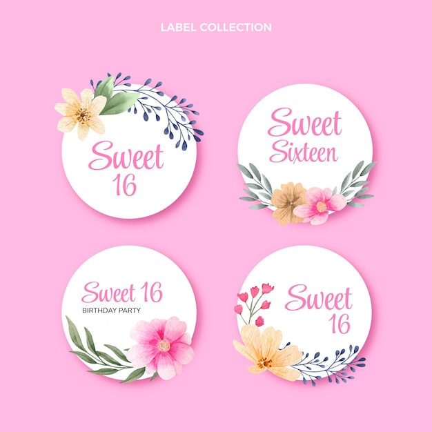 Aquarel bloemen sweet 16 labels collectie