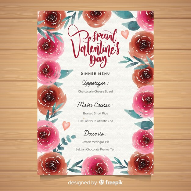 Aquarel bloemen valentijn-menu